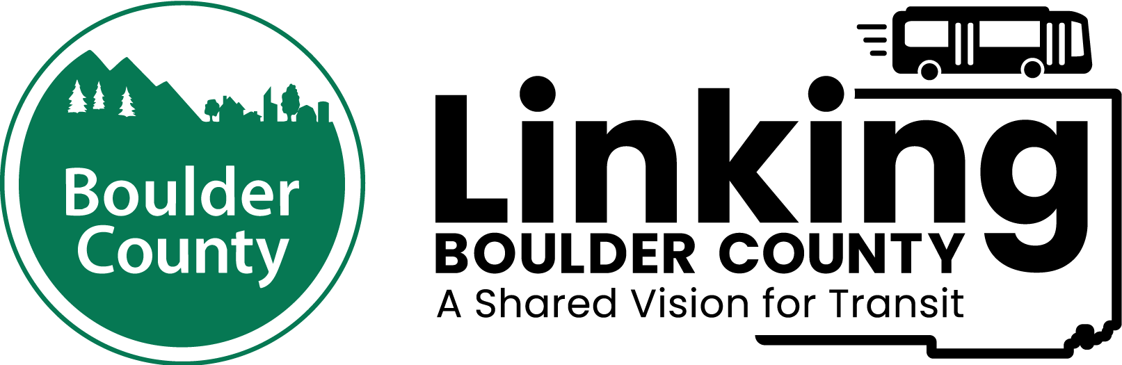 Boulder County Logo (mountains and trees), Linking Boulder County Logo (bus and outline of Boulder County), text reading Linking Boulder County: A Shared Vision for Transit