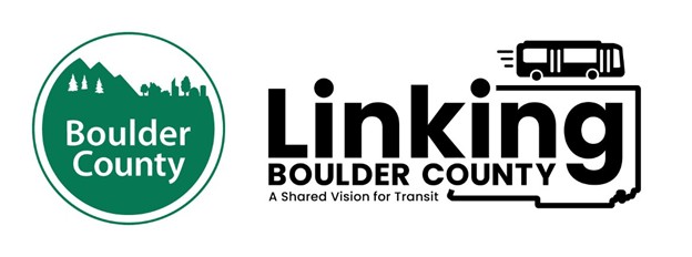 Boulder County Logo (mountains and trees), Linking Boulder County Logo (bus and outline of Boulder County), text reading Linking Boulder County: A Shared Vision for Transit
