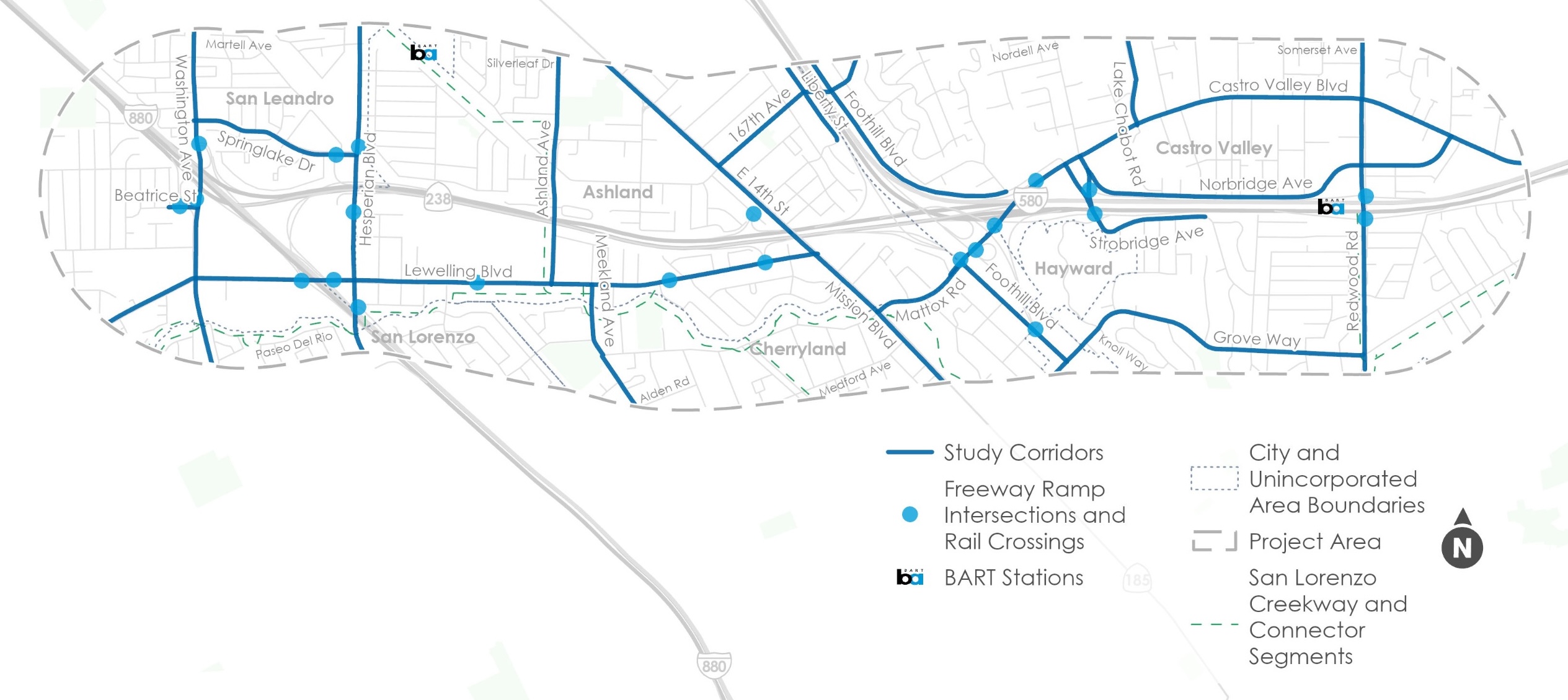 A map of the Alameda CTC 4CP study area covering parts of San Leandro, Ashland, Cherryland, Hayward, and Castro Valley. Bold blue lines highlight study corridors along major roads like E 14th St and Lewelling Blvd, while light blue dots mark key freeway ramp intersections and rail crossings. Two BART stations are identified within the study boundary.