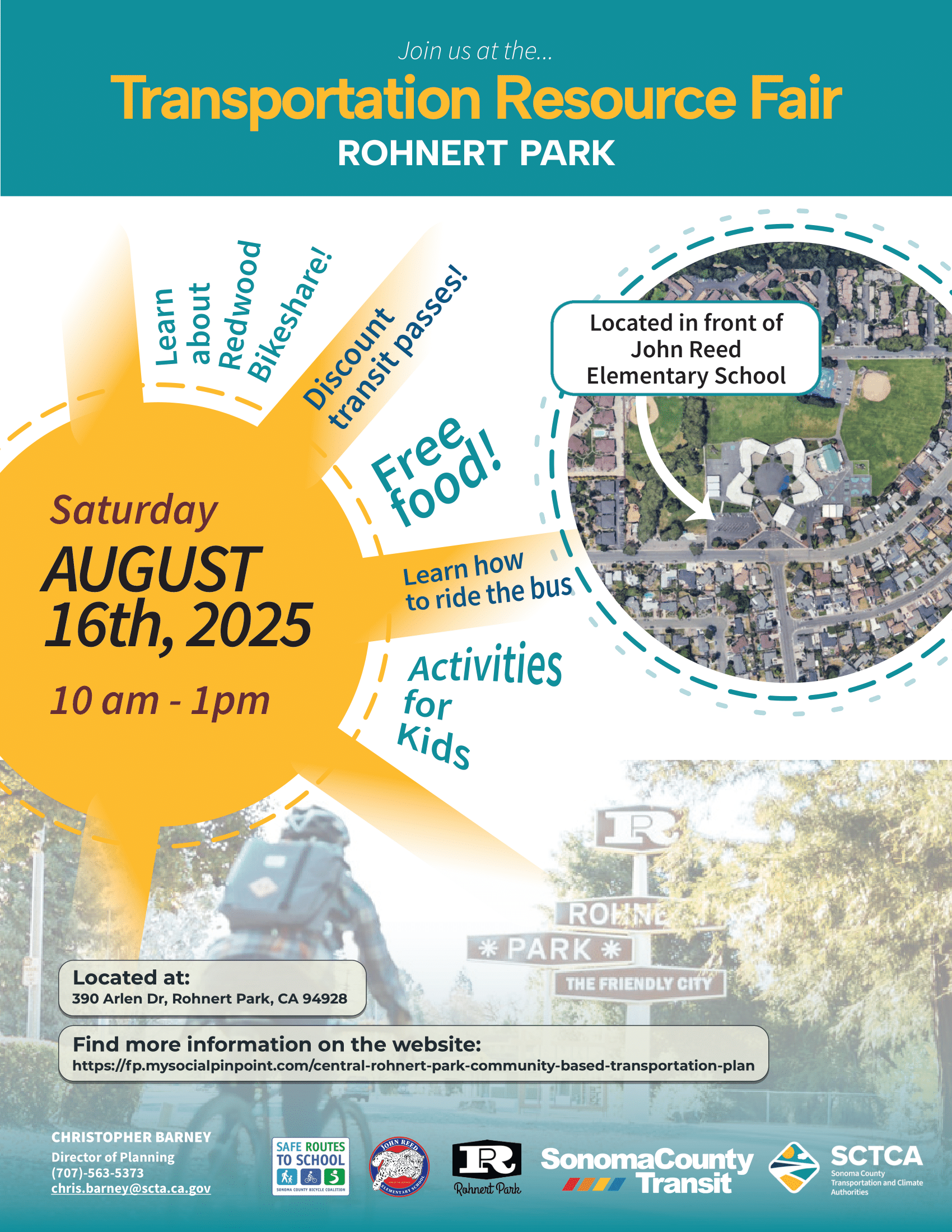 Flyer advertising a transportation resource fair in Rohnert Park on August 16th, 2025 from 10am to 1pm at John Reed Elementary School