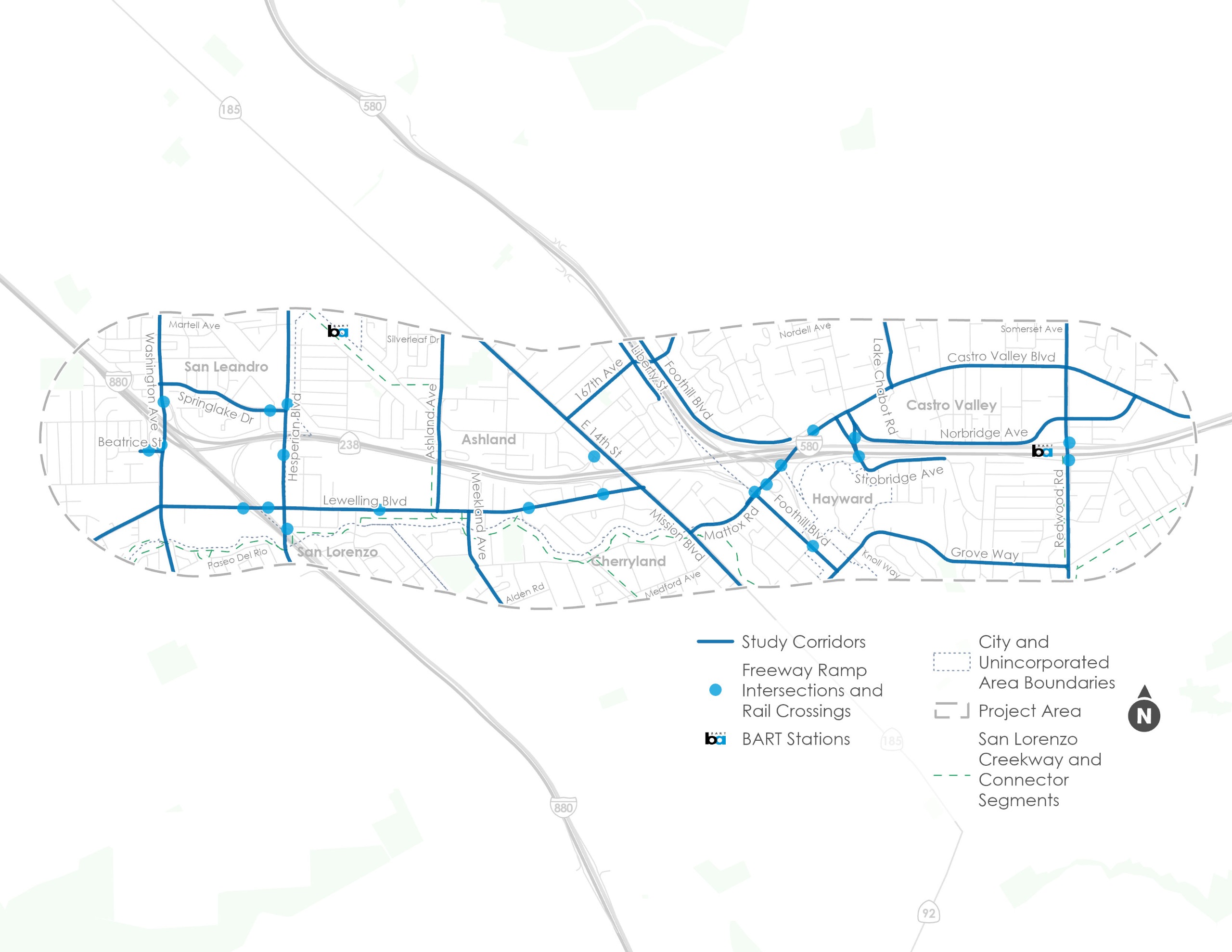 Map showing the 4CP project plan area, including communities adjacent to 238 and 580 between 880 and Castro Valley BART (about a 3.5 mile radius across). This area includes parts of San Leandro, Ashland, Castro Valley, San Lorenzo, Cherryland, and Hayward.